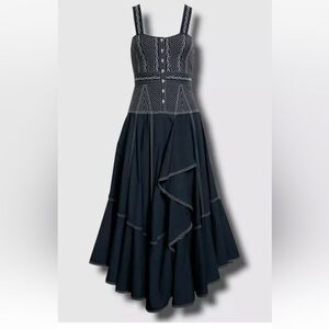 Ulla Johnson Dress Nerida Size 2 Navy Blue Embroidered Ruffle Cotton Sleeveless